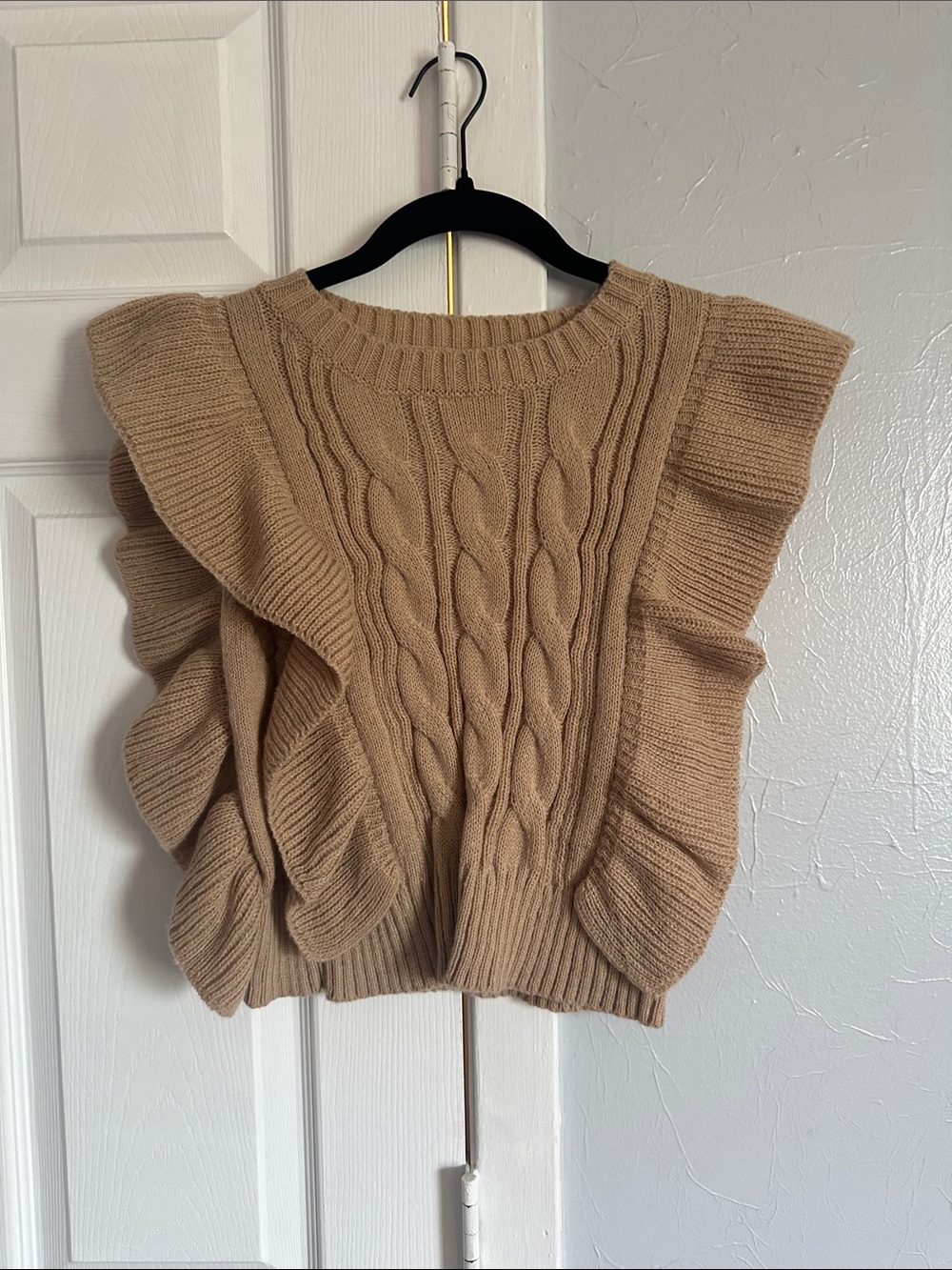 Ruffled Cable-Knit Sweater Vest in Camel